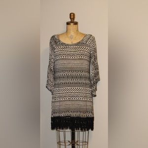 Women’s black and white cotton dress with crochet fringe on bottom